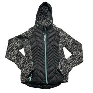 Xersion Womens Jacket Quilted/ Knit Full Zip Storable Hood Medium Black/gray
